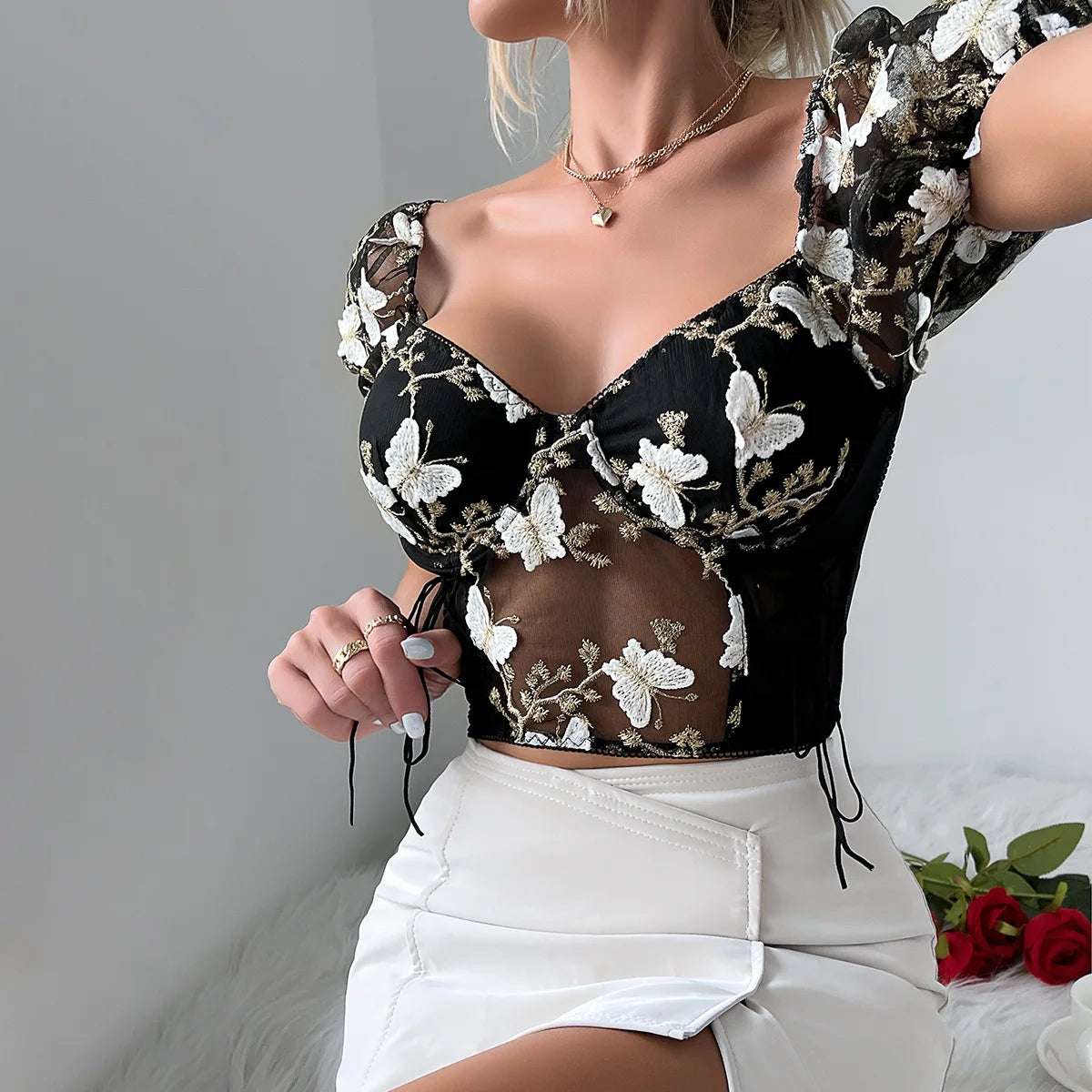 Boho Floral Puff Sleeve Crop Top