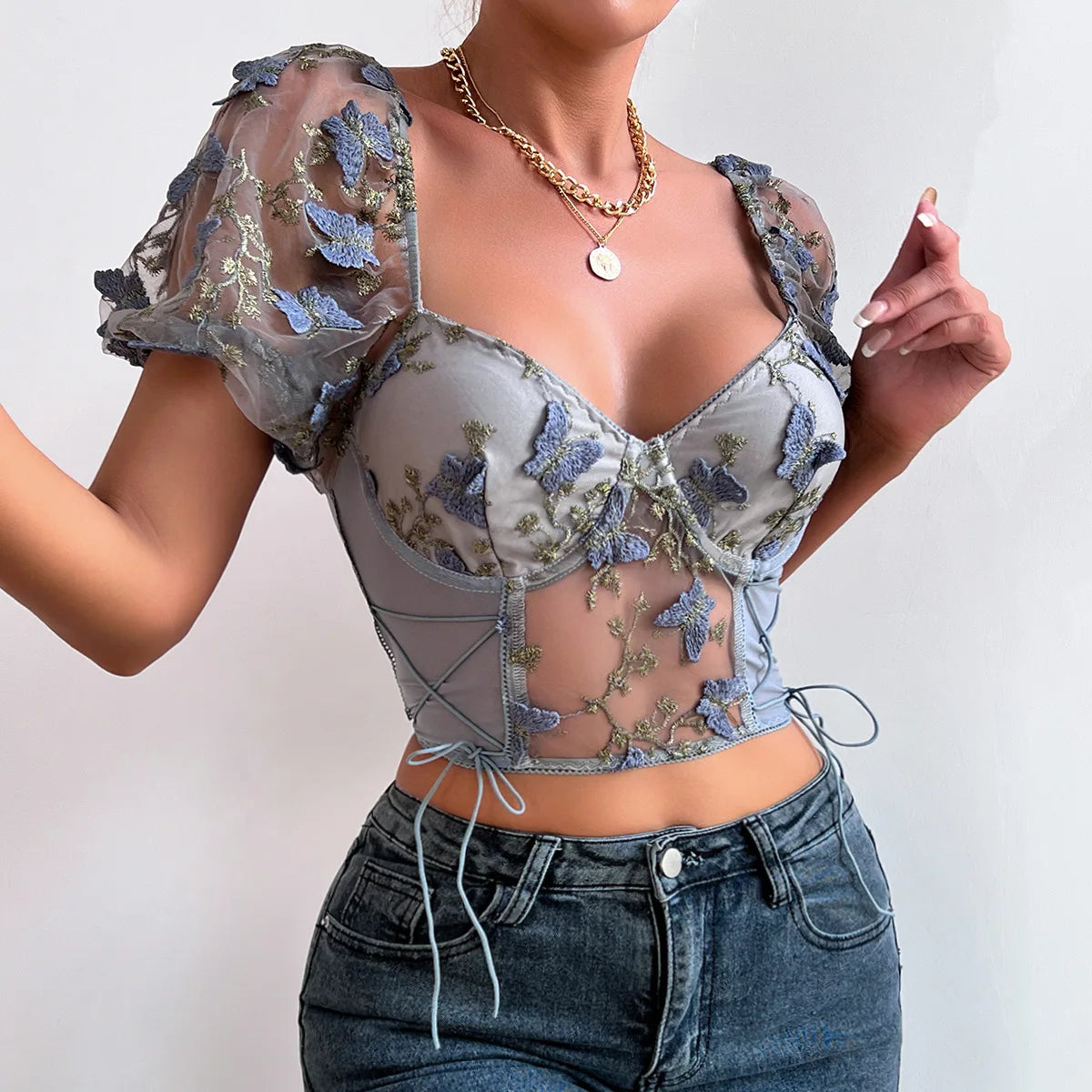 Boho Floral Puff Sleeve Crop Top